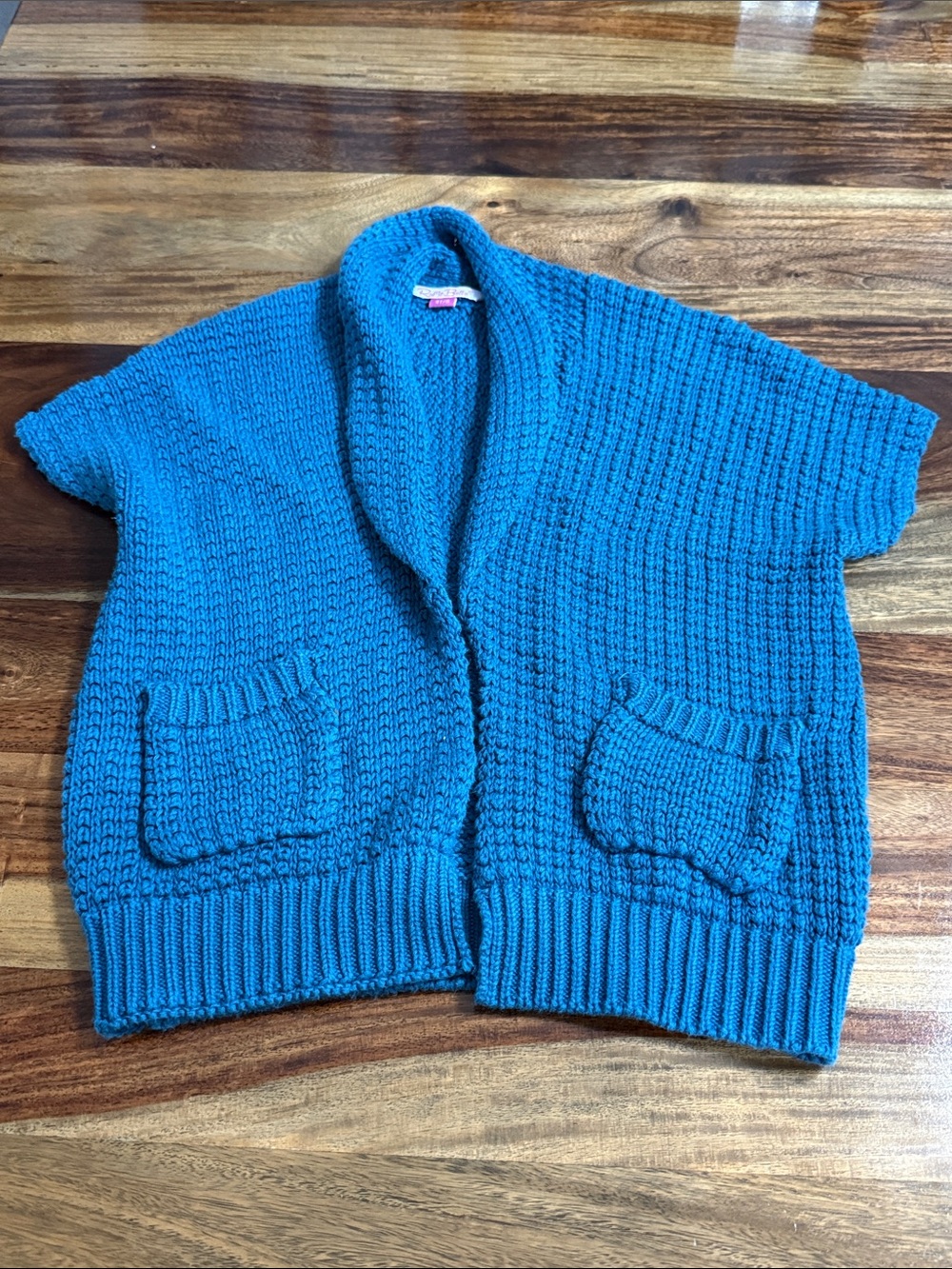 Ruffle Butts Teal Blue Chunky Knit Short Sleeve Cardigan Sweater 4T/5